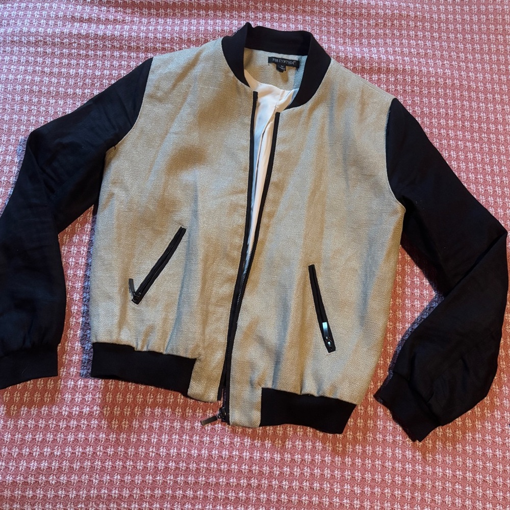 FOR CYNTHIA Tan and Black Letterman Bomber Jacket MEDIUM